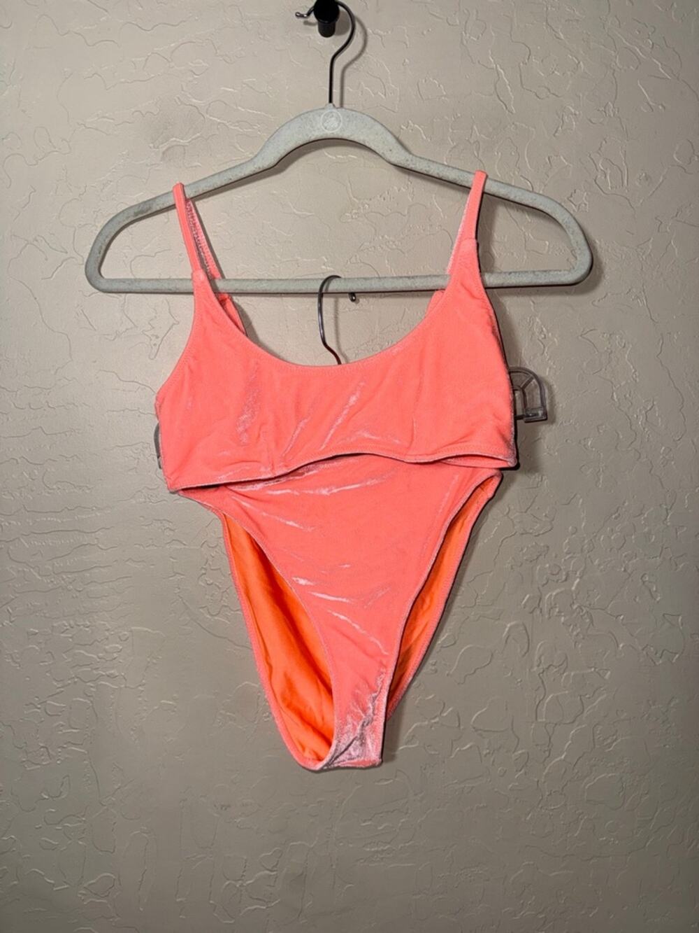 Triangl coral orange velour velvet fabric bikini. Top is small bottom is medium